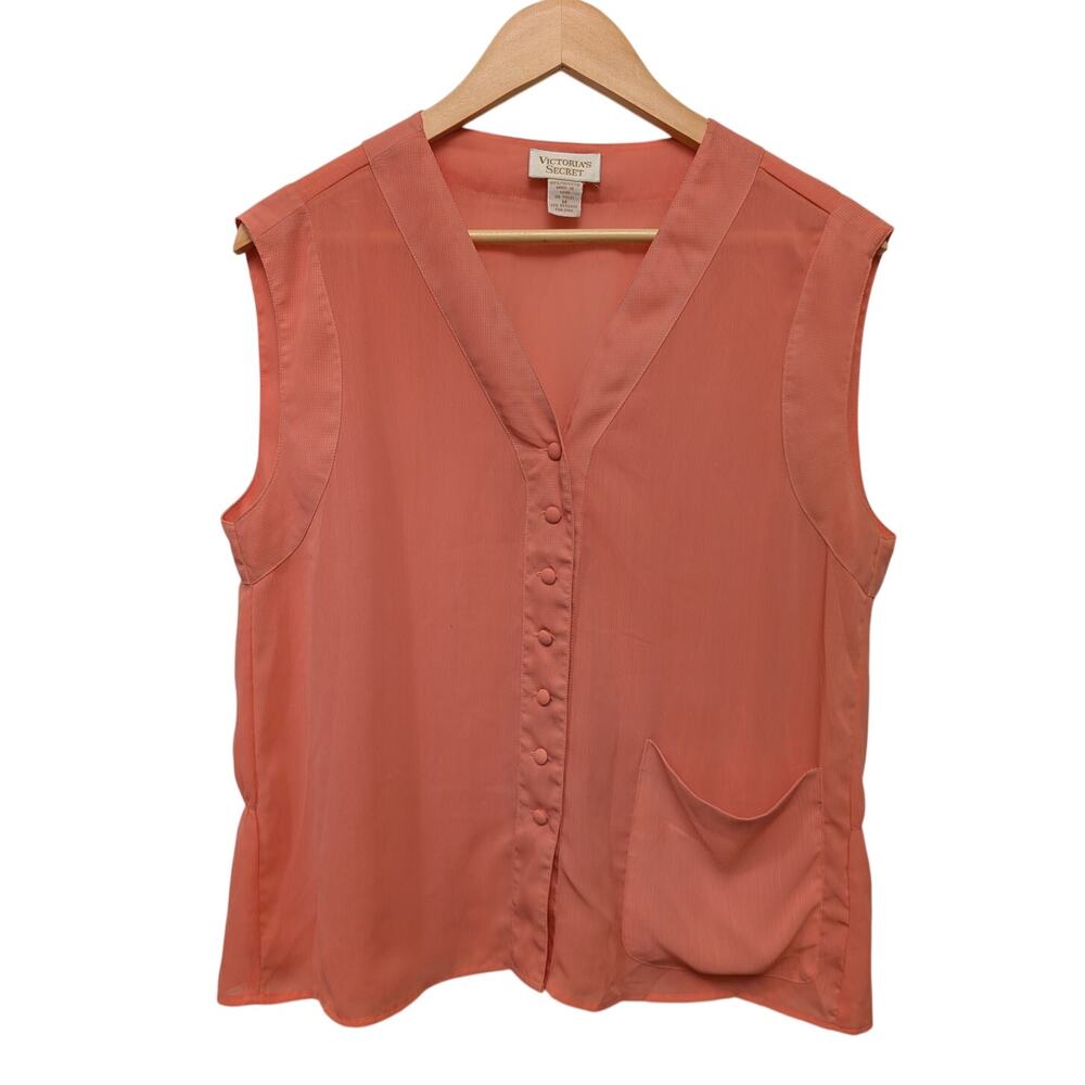 Victoria's‎ Secret Button-Up Blouse Coral Size M Peplum Back Sheer Gold Label